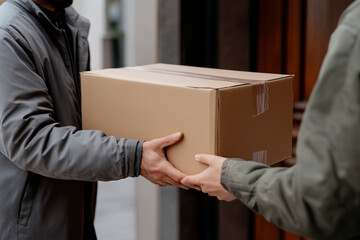  Courier man delivering a cardboard box postal package to destination.