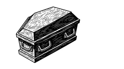 Vintage coffin illustration woodcut style isolated on white background for memorial or funeral desig