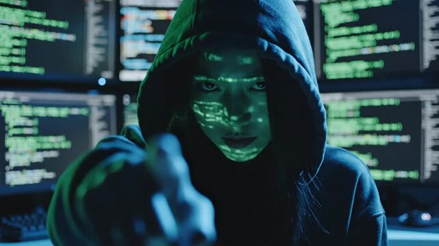A hooded figure stares intensely, fist clenched, facing a wall of monitors with code