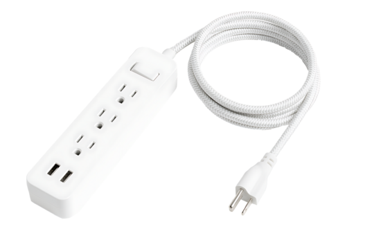 Modern surge protector with three outlets and two USB sockets, household electricity distribution accessory