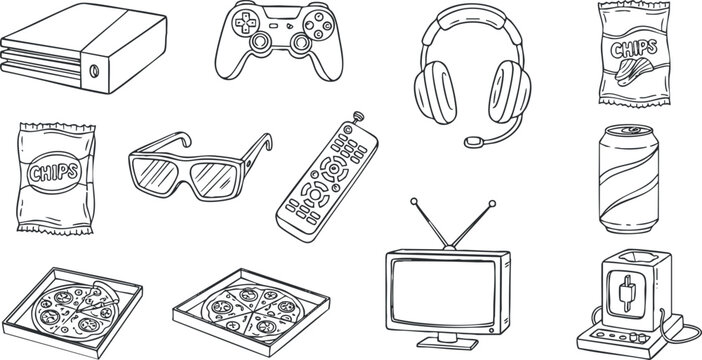 A collection of gaming and snack items including a console, controller, headphones, and pizza in black and white vector style, perfect for entertainment and leisure themed designs