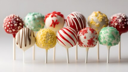 Delicious and festive cake pops arranged on a white background