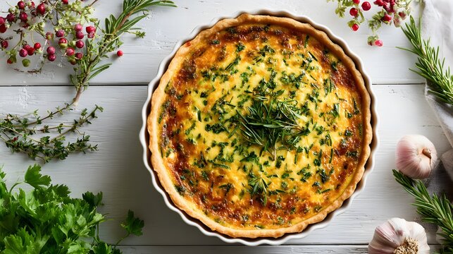 Delicious homemade quiche with fresh herbs and ingredients on a white wooden table