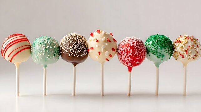 Colorful cake pops arranged in a row against a plain white background - Powered by Adobe