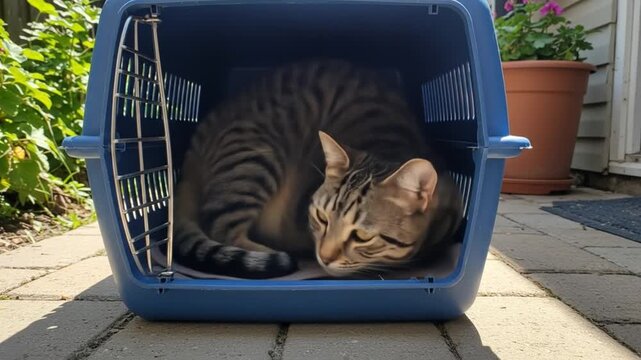 A tabby cat rests comfortably in a blue pet carrier outdoors amidst lush green foliage and potted flowers