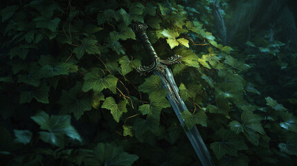 An ornate sword rests amid a lush green ivy
