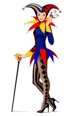 Standing girl with sexy long slender legs in brown tights and black high heels, dressed in a bright Joker costume, with his mask and stick in her hands, 
isolated on white. Vector 3D illustration