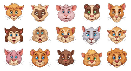 Obraz premium Collection of fifteen cartoon animal faces with expressive emotions isolated on transparent background