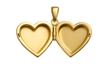 Open double heart gold locket pendant isolated on black background, romantic jewelry for keepsake photos