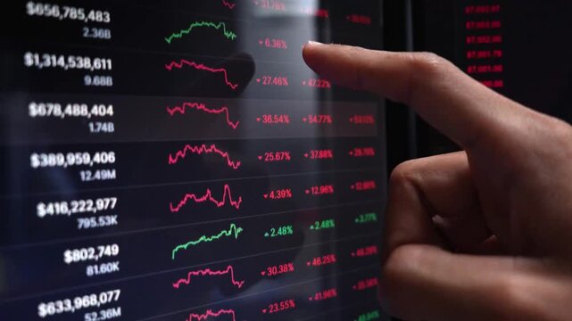 financial chart with moving hand pointing finger finding number in stock market ticker board on black monitor background - Powered by Adobe