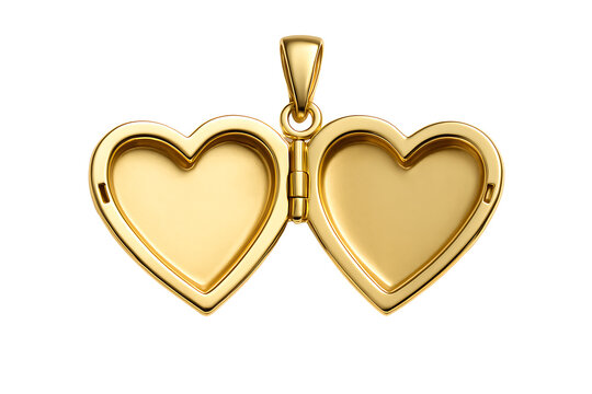 Open double heart gold locket pendant isolated on black background, romantic jewelry for keepsake photos