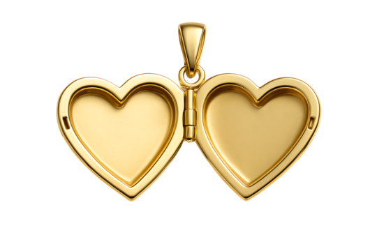 Open double heart gold locket pendant isolated on black background, romantic jewelry for keepsake photos