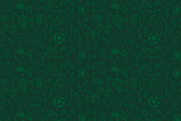 seamless school pattern with doodle icons. ball, book, numbers, globe sketches on an endless background