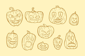 set with different doodle pumpkins. background with creepy pumpkins hand-painted in bright colors.