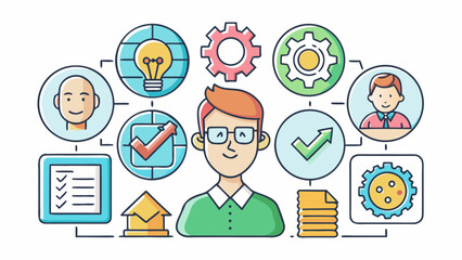 Cartoon person surrounded by icons representing soft skills