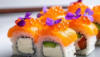 Gourmet Sushi Rolls with Salmon, Fish Roe, and Edible Flowers in Elegant Close-Up Composition