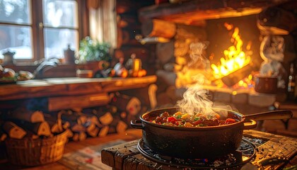 Rustic cabin kitchen with a steaming pot of stew on a wood stove crackling fireplace warm lighting cozy atmosphere winter view outside window