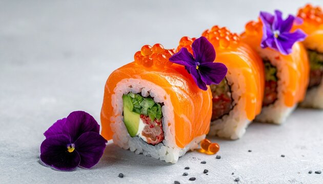 Gourmet Sushi Rolls with Salmon, Fish Roe, and Edible Flowers in Elegant Close-Up Composition - Powered by Adobe