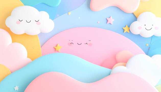 Colorful abstract background with playful shapes, soft pastel colors, clouds, stars, and smiling cartoon elements, kid-friendly design, whimsical style"