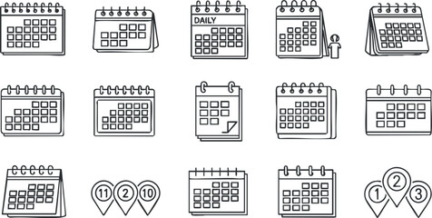 A collection of calendar icons and illustrations in minimalist black and white vector style, suitable for planning and organization projects