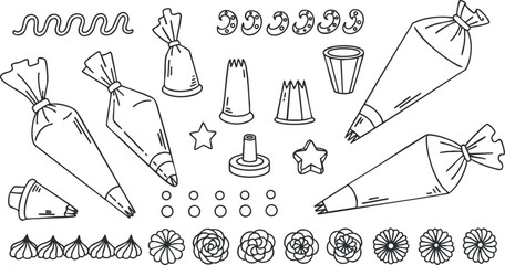 A collection of piping bags, nozzles, and decorative elements in whimsical outline vector style, ideal for baking and dessert design