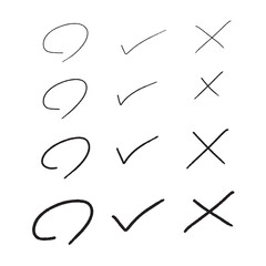 手描き風のチェック・バツ・マルマーク集　線の太さ違いで使えるシンプル素材｜記号, マーク, フリーハンド, 黒, ベクター, 白背景