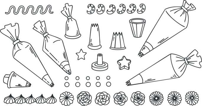 A collection of piping bags, nozzles, and decorative elements in whimsical outline vector style, ideal for baking and dessert design