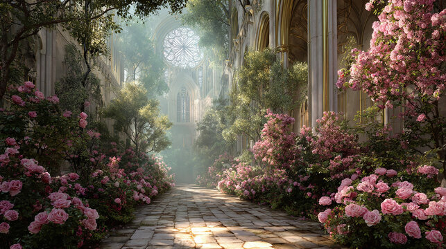A captivating view of an old gothic architecture adorned with blooming pink roses and plants in the garden
