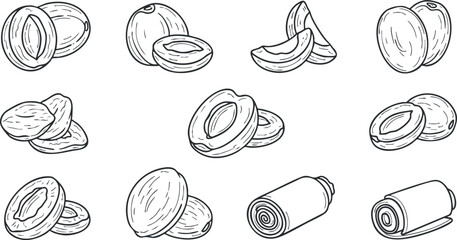 Obraz premium A collection of hand-drawn apricots, both whole and sliced, in black and white outline vector style, perfect for food-related design projects