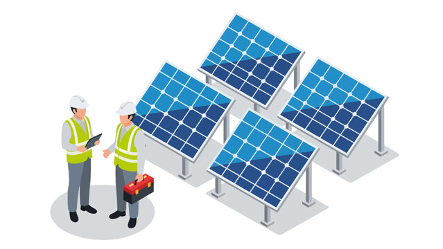 Two engineers in safety gear, holding a tablet and red toolbox, collaborate next to an array of four mounted solar panels in this isometric vector illustration of renewable energy management