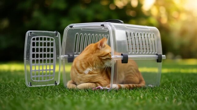 An orange tabby cat sits inside a clear plastic pet carrier on a patch of green grass with blurred background