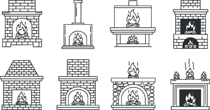A collection of nine fireplace designs in black and white outline vector style, suitable for home renovation and interior design projects