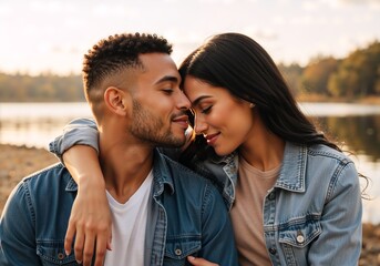 Fototapeta premium Romantic interracial couple in love sharing an intimate moment outdoors. Young man and woman embracing by a lake during a golden hour sunset