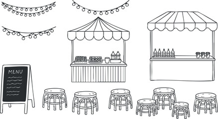A collection of food stalls with seating and a menu board in black and white line art style, perfect for event planning and outdoor market themes
