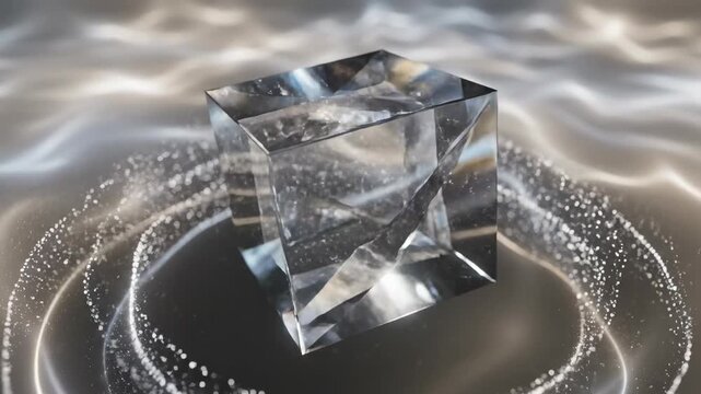 ﻿Seamlessly looping abstract motion graphics of a translucent geometric cube slowly materializing and dissolving within a phantom blank void of light futuristic, dark, cyber