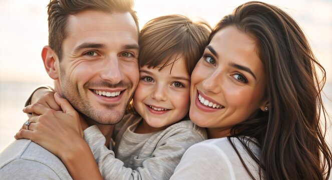 A close-up portrait of a happy young family smiling together. Loving parents hugging their child outdoors in warm sunlight
