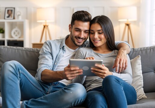 Happy young couple using a digital tablet on a sofa at home. Man and woman watching media on a touchpad in a modern living room. Togetherness and technology concept