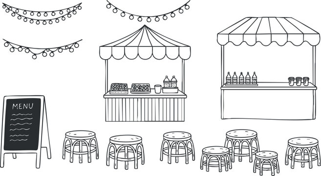 A collection of food stalls with seating and a menu board in black and white line art style, perfect for event planning and outdoor market themes