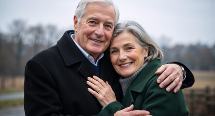 Happy senior couple smiling and embracing outdoors. Portrait of a mature husband and wife showing affection. Retirement and lifelong companionship concept