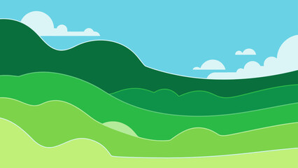 Minimalist Vector Landscape of Rolling Green Hills under Blue Sky