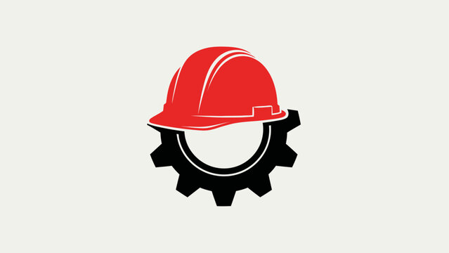 Red hard hat and gear icon for construction and industrial safety.