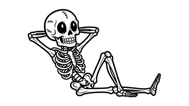 Relaxing cartoon skeleton character in a casual resting pose.