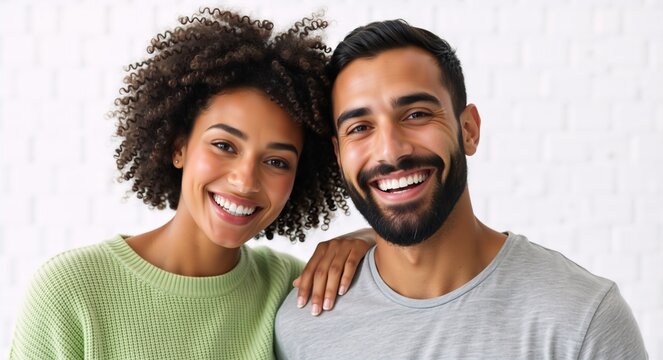 Happy smiling mixed-race couple looking at the camera. Portrait of a cheerful multicultural man and woman with perfect white teeth. Love and diversity concept