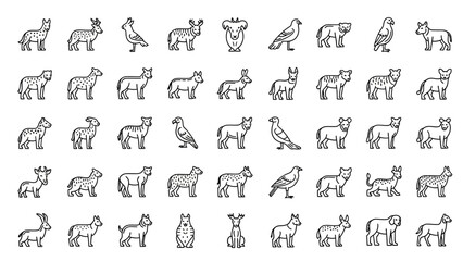 Collection of diverse wild animal outline icons on a white background.