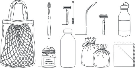 A collection of eco-friendly personal care items including a shopping bag, toiletries, and a water bottle in minimalist outline vector style, suitable for sustainability and lifestyle branding