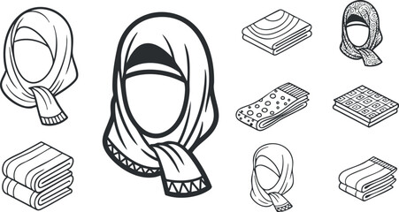 A collection of hijabs and scarves in black and white outline vector style, suitable for fashion design and cultural representation