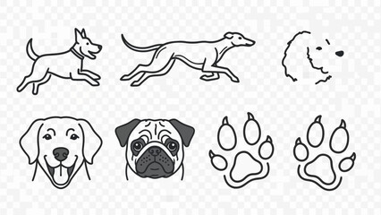 A collection of simple line art dog breed icons and paw prints on a transparent background.