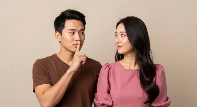 Young asian man making a shush gesture to a smiling woman. Couple sharing a secret or gossip. Confidentiality and privacy concept