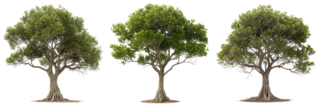 The picture shows three tall trees with lush green foliage and sturdy trunks. They stand together against a white background, displaying healthy growth and vibrant colors.