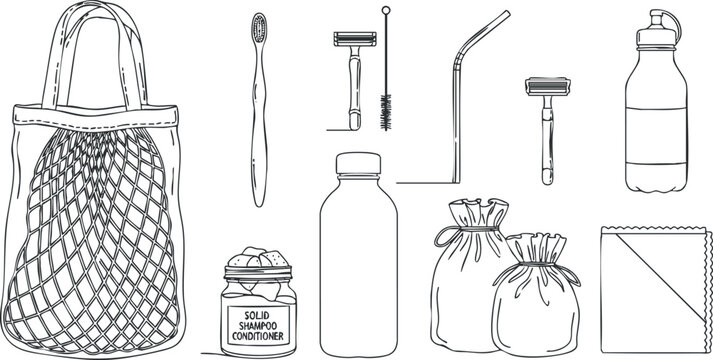 A collection of eco-friendly personal care items including a shopping bag, toiletries, and a water bottle in minimalist outline vector style, suitable for sustainability and lifestyle branding